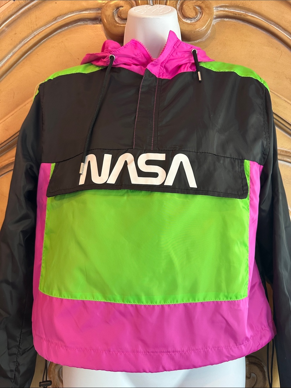 Colorblock Hooded NASA Rain Jacket - Pink, Green & Black